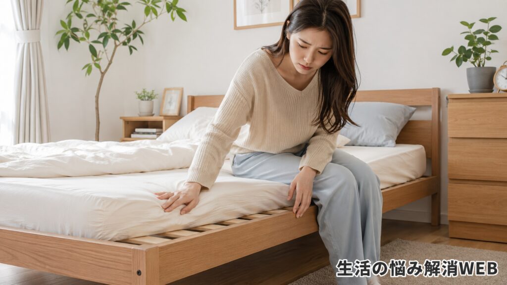 ベッドのきしみが気になり、座りながらフレームやマットレスの状態を確認する女性