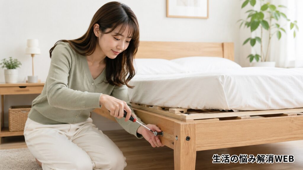 ベッドのきしみ対策として、フレームのネジをドライバーで締め直す女性