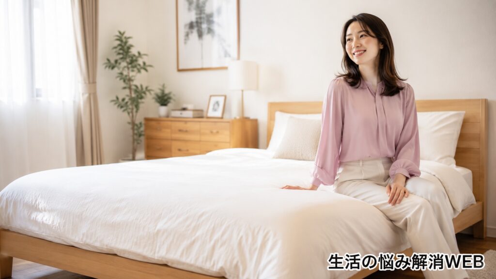 きしみが改善したベッドの上で、安心した表情を見せる女性