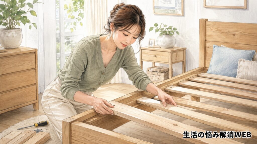 工具を用意し、ベッドフレームに新しい木製すのこを取り付ける女性