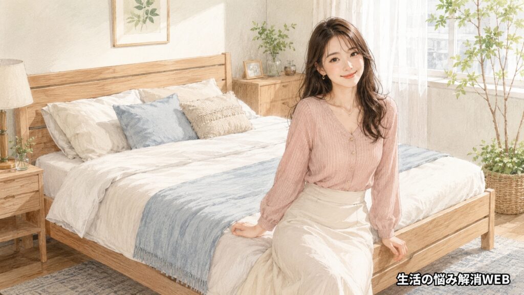 すのこの修理が完了した清潔なベッドに腰掛け、安心した表情を見せる女性