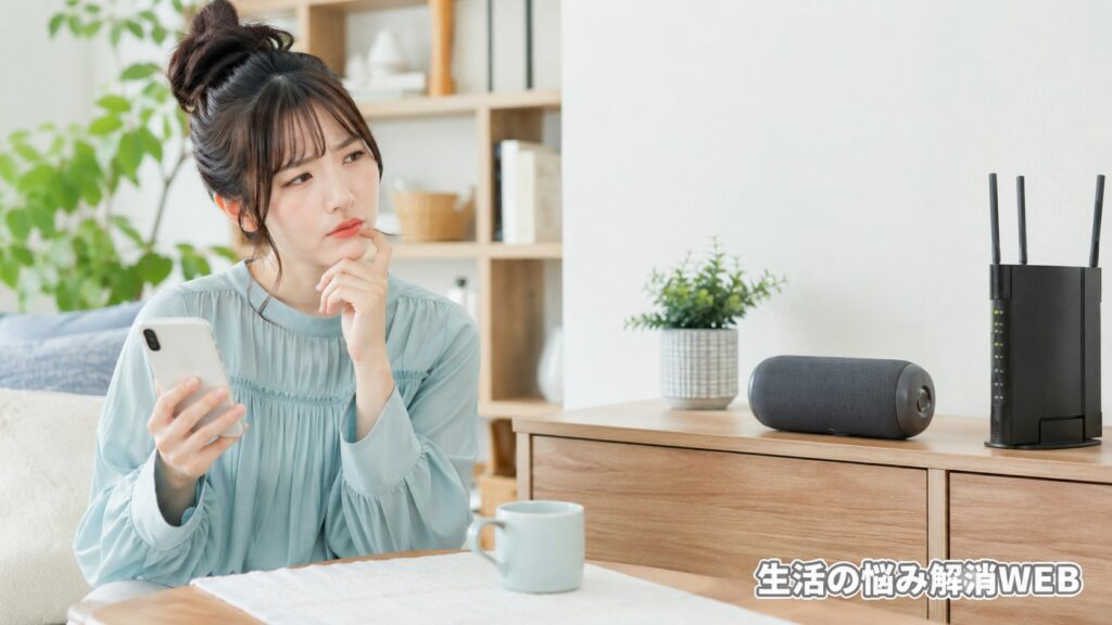BluetoothスピーカーとWi-Fiルーターを見ながら、スマホを手に音切れの原因を考える女性