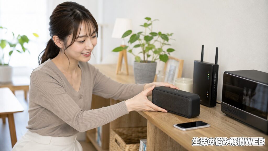 Bluetoothスピーカーの置き場所を変えて、接続を安定させようとする女性