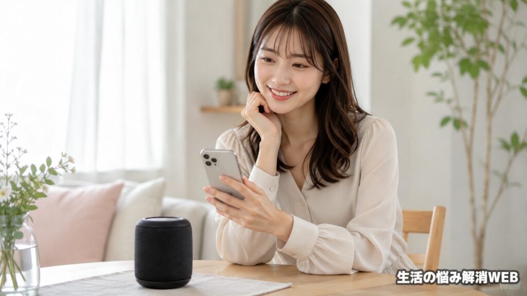 Bluetoothスピーカーとスマホで音楽を快適に楽しむ女性の明るい室内シーン
