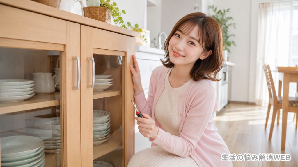 蝶番を調整して食器棚の扉のズレが直り安心する女性