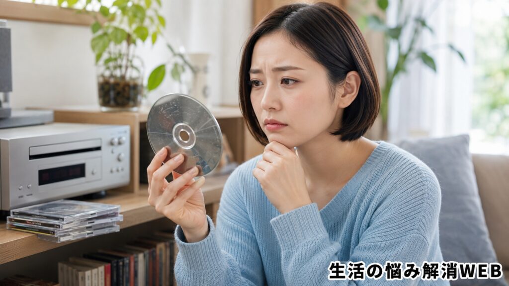 CDを手に取り、傷や汚れがないか不安そうに確認している女性の様子