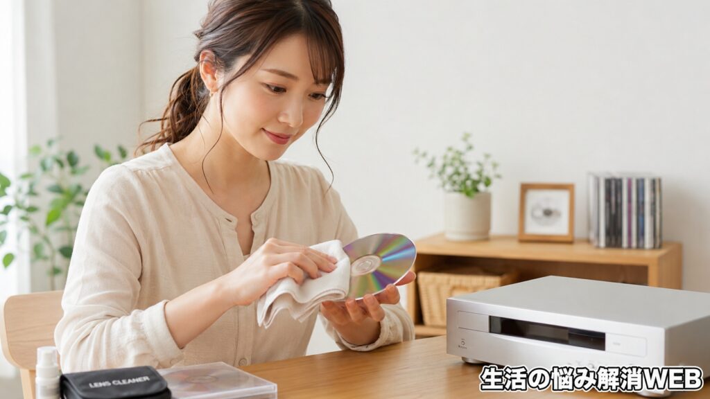 CDプレーヤーのそばで、女性が柔らかい布を使ってCDを丁寧に拭いている様子
