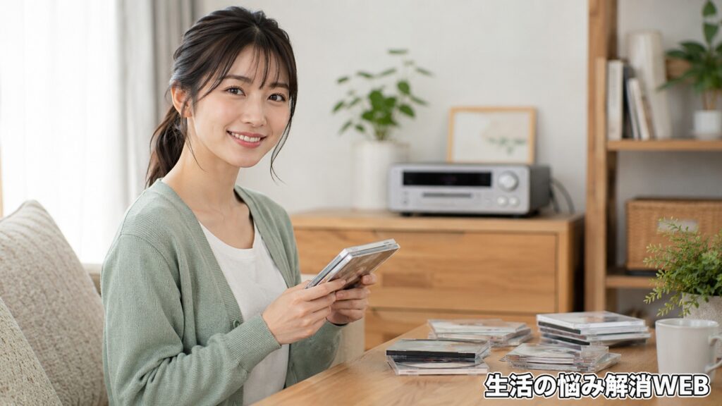 明るいリビングでCDケースを手に持ち、音楽を楽しむように穏やかに微笑む女性の様子