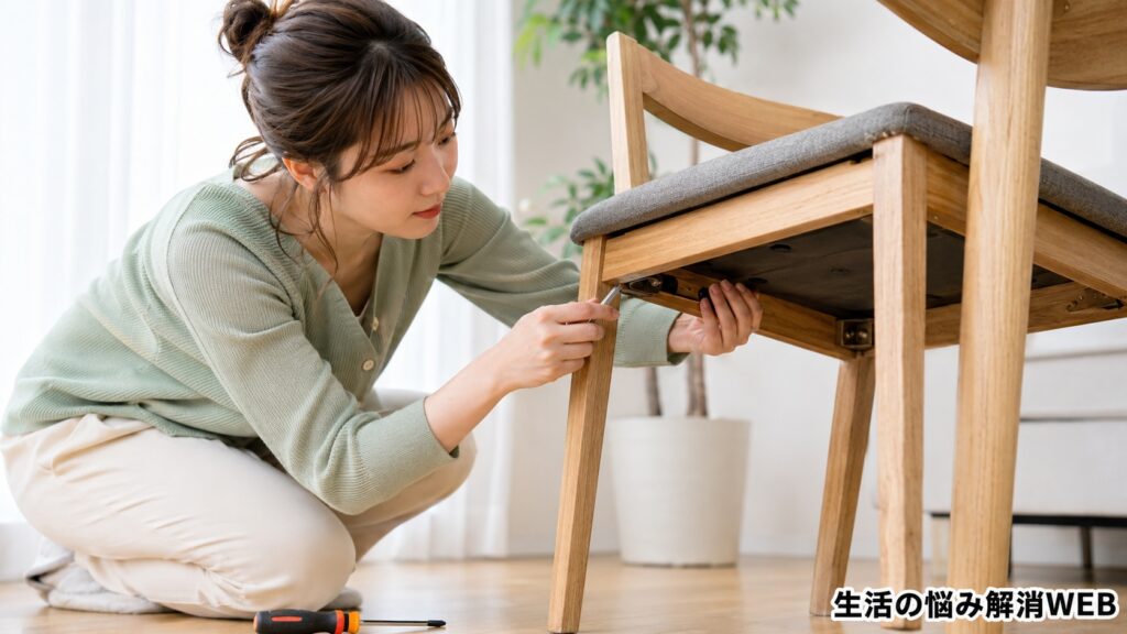 木製の椅子を裏側から確認し、ネジや接合部の緩みを工具でチェックしている若い女性