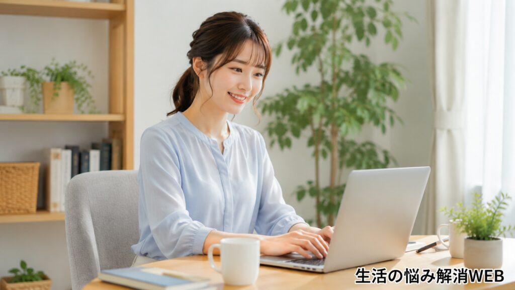 椅子のギシギシ音が気にならなくなり、明るい部屋で快適にパソコン作業をしている笑顔の若い女性