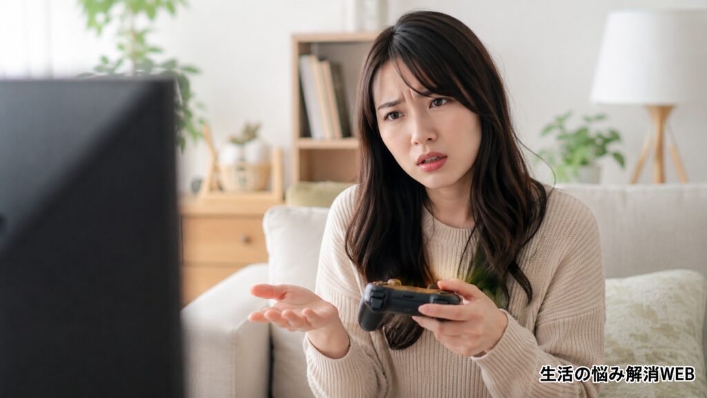 ゲームコントローラーを持ちながら、スティックの誤作動に困った表情を見せる女性
