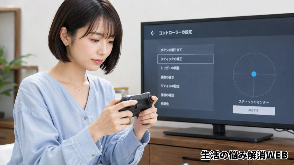 テレビの設定画面を確認しながら、ゲームコントローラーのスティック補正を行う女性