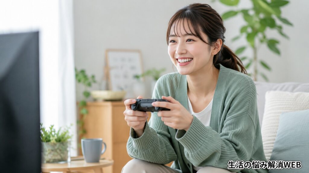 ゲームコントローラーの誤作動が直り、笑顔でゲームを楽しむ女性