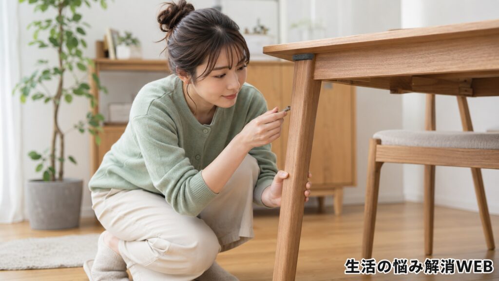 ダイニングテーブルの脚を支えながら、工具を使って固定部分や高さを確認している若い女性