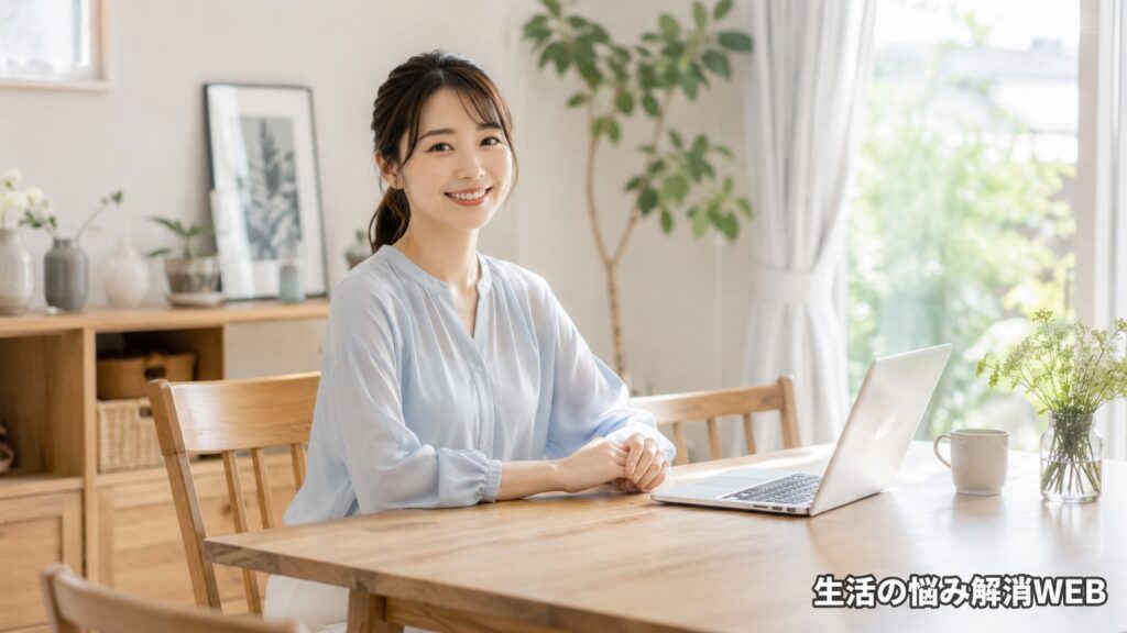 ガタつきが解消したダイニングテーブルで、安心した表情を見せる笑顔の若い女性