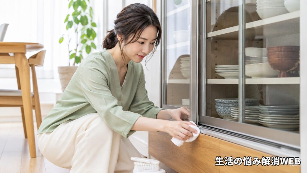 食器棚のスライド扉のレール部分を布で掃除する女性
