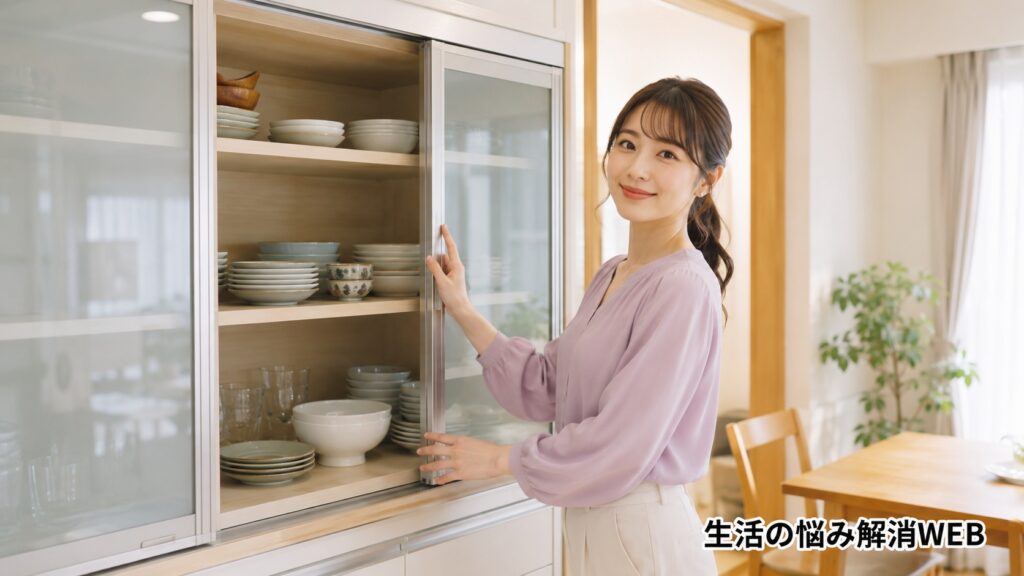 スムーズに動くようになった食器棚のスライド扉を開けて笑顔を見せる女性