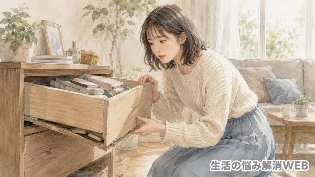 荷物を入れすぎて底板がたわみ、外れかけた木製の引き出しを確認する女性