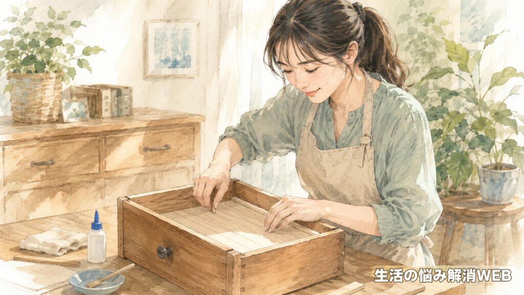 底板に負担をかけないよう、木製の引き出しの中身を整理して収納する女性