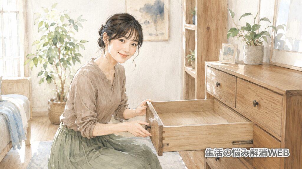 底板の修理が完了した木製の引き出しを開け、仕上がりを確認する女性
