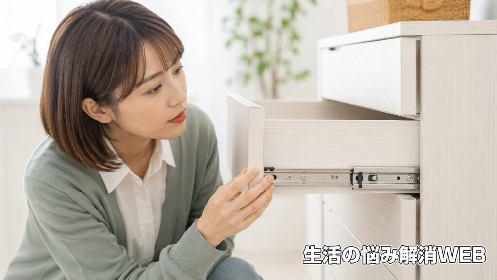 収納家具の引き出しを開け、金属製のスライドレールを確認している若い女性