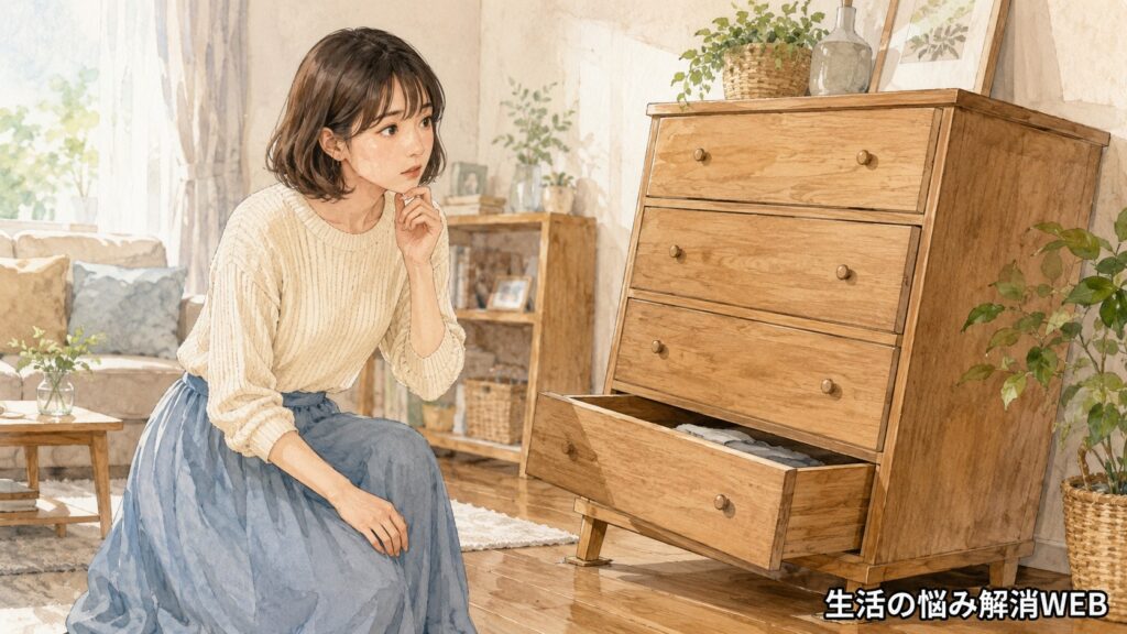 傾いた木製チェストの引き出しが自然に開いてしまい、原因を考えながら確認する女性