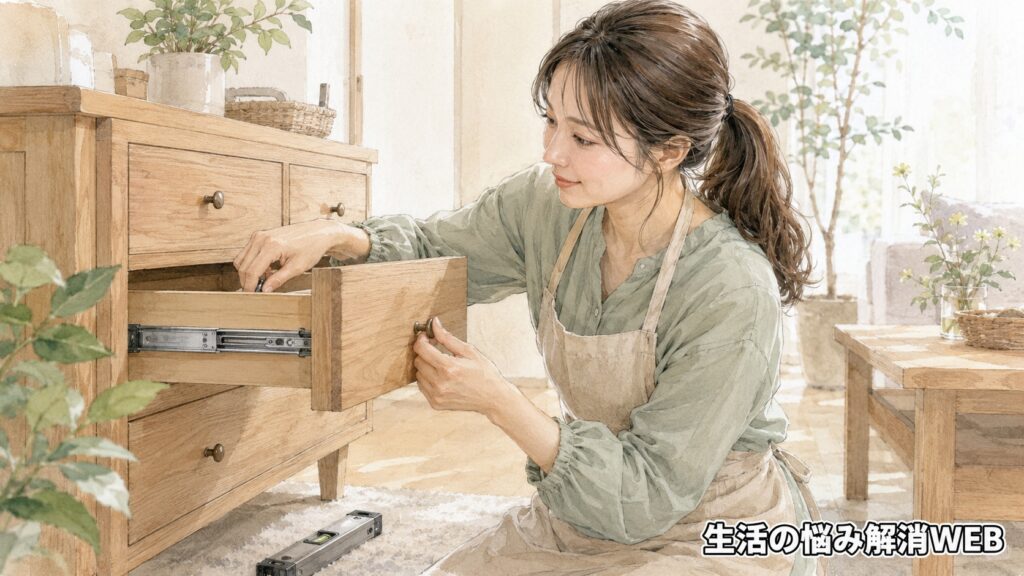 木製チェストの引き出しレールや傾きを確認しながら調整する女性