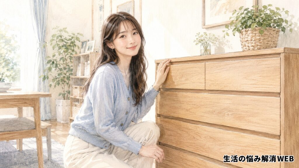 引き出しがきちんと閉まるようになった木製チェストの前で安心した表情を見せる女性