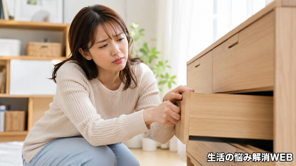 木製チェストの重くて開かない引き出しを、困った表情で引こうとしている若い女性