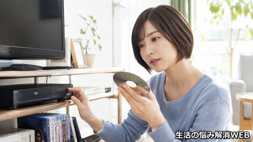 DVDプレーヤーの前でディスクを持ちながら、本体の操作ボタンを確認している女性の様子