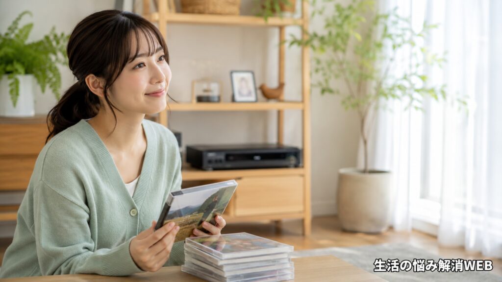 DVDケースを手に持ち、明るいリビングで落ち着いた表情を見せる女性の様子
