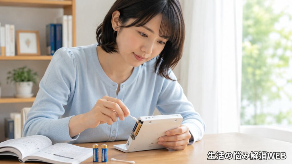 電子辞書の電池を外し、乾いた綿棒で電池端子を丁寧に掃除する女性