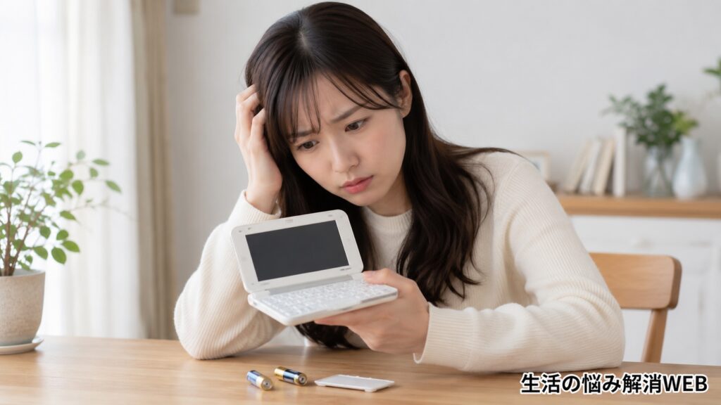 電源が入らない電子辞書を手に持ち、電池を確認しながら困った表情を浮かべる女性