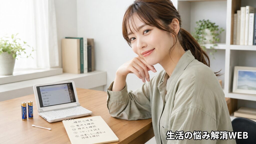 電池・接点・リセットの確認を終え、正常に起動した電子辞書の横で安心する女性