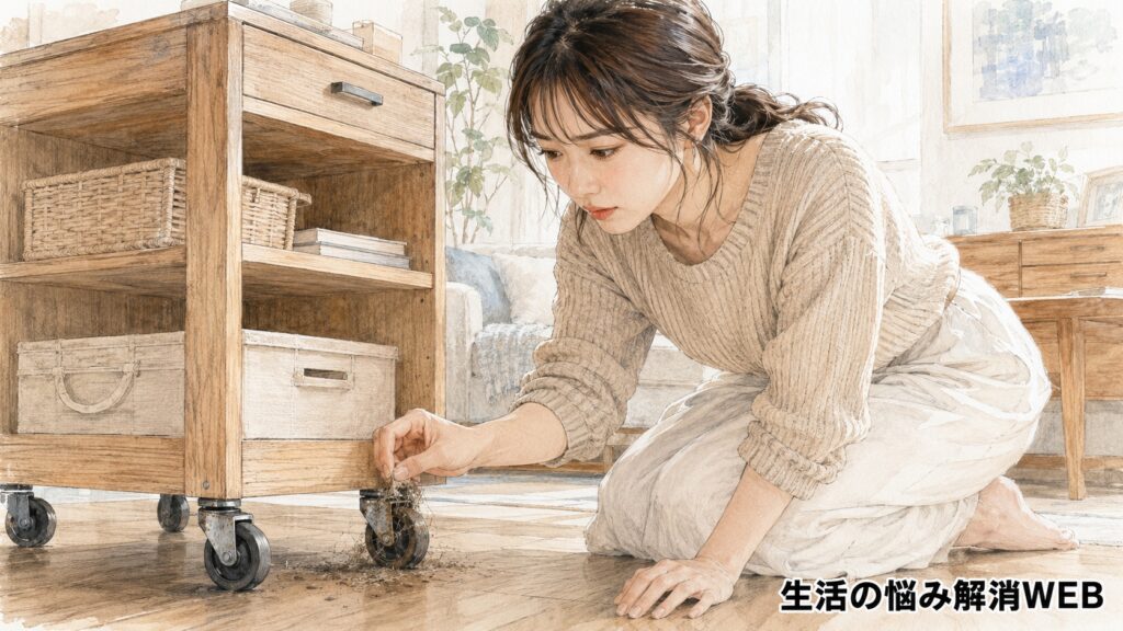 キャスターに絡まった髪の毛やゴミを確認する女性と、動きにくくなった木製家具
