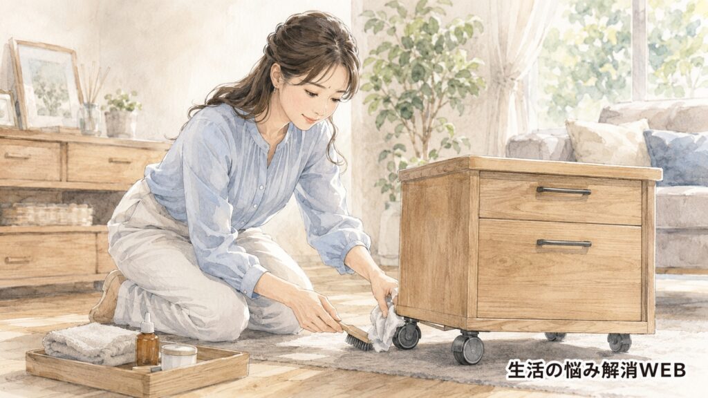 木製家具のキャスターをブラシと布で掃除し、動きを改善する女性
