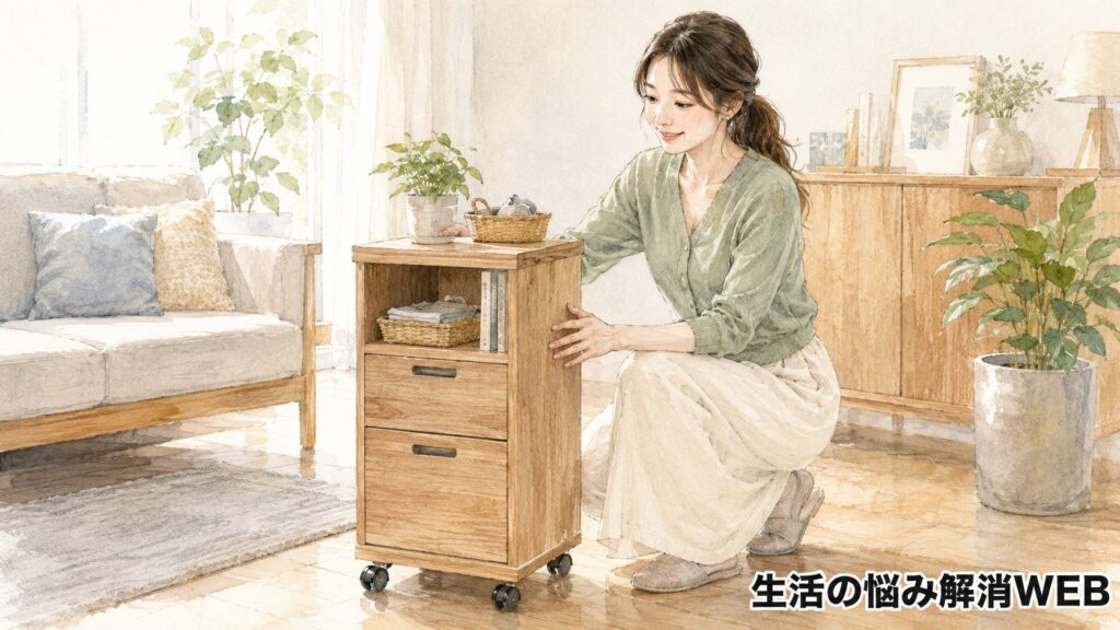 お手入れ後のキャスター付き収納家具を明るいリビングでスムーズに動かす女性