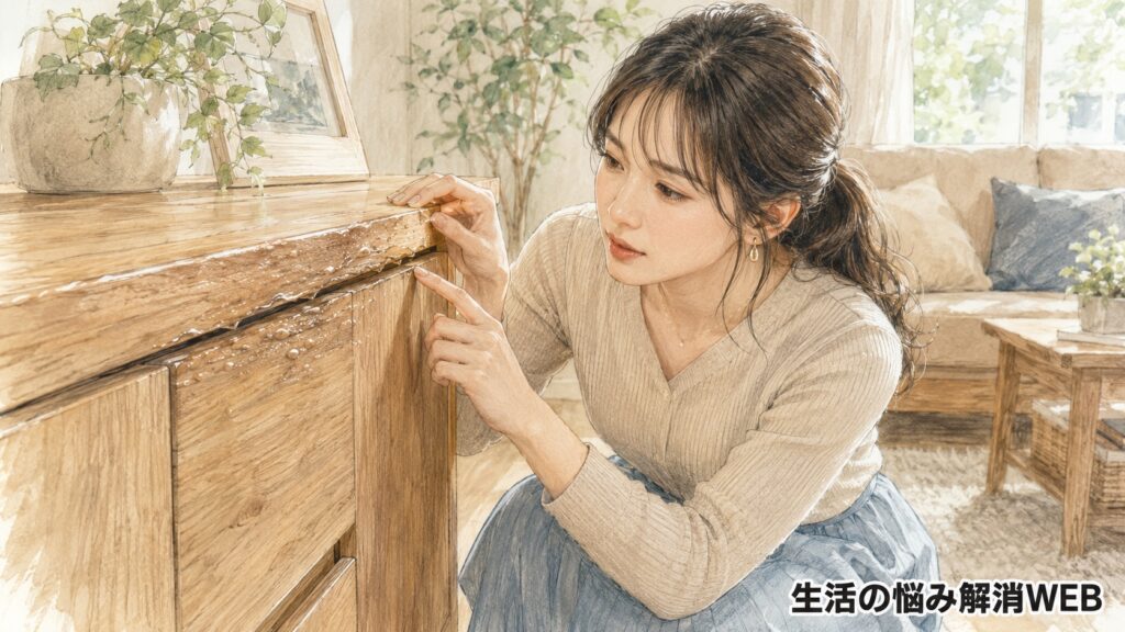 水濡れによって表面や縁が膨らんだ木製家具を確認する女性のイラスト