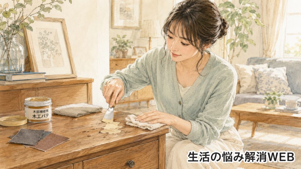 木工パテやヘラを使って水濡れで膨らんだ木製家具を補修する女性のイラスト