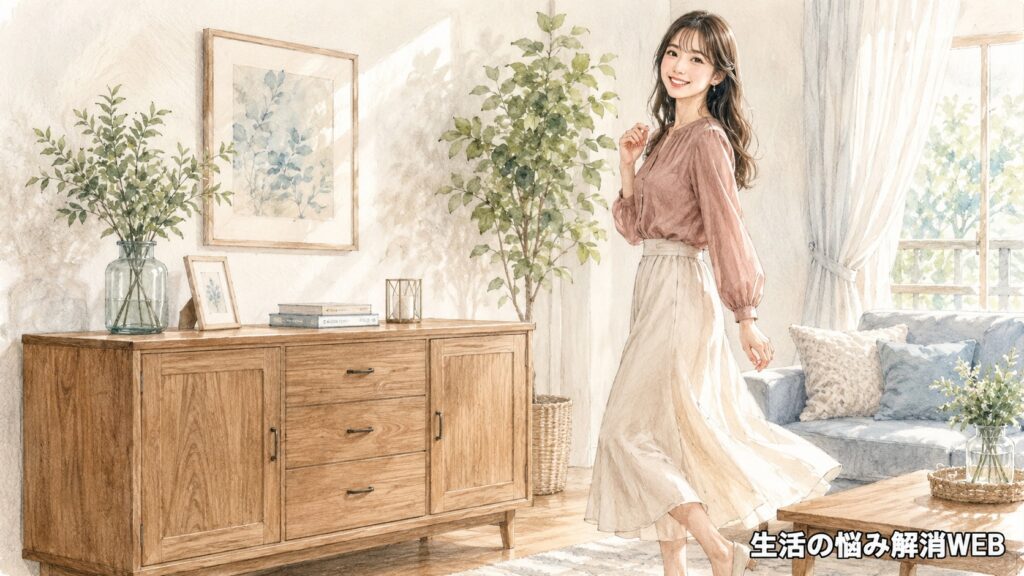 水濡れによる膨らみを補修してきれいになった木製家具と笑顔の女性のイラスト