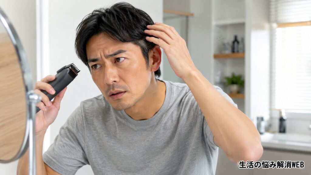 バリカン使用後に髪の仕上がりを確認し、安心した表情を見せる男性