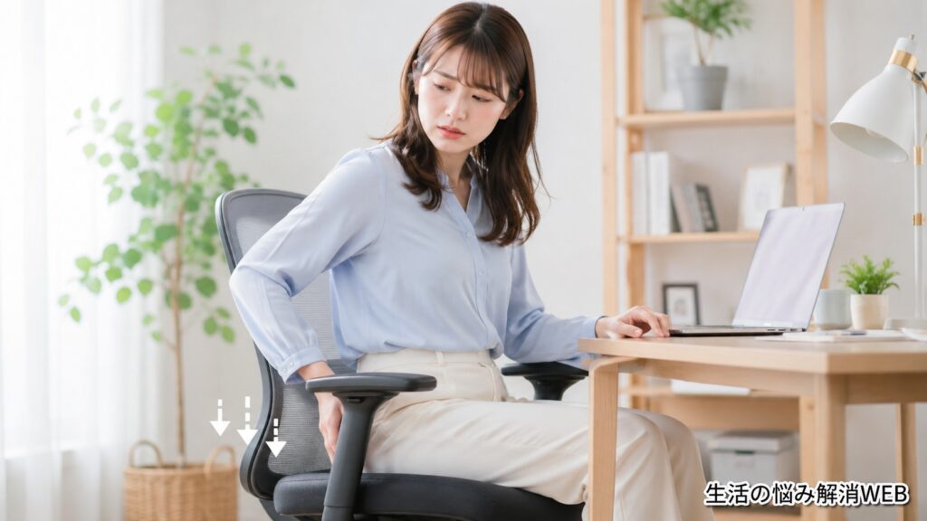 オフィスチェアに座り、座面が勝手に下がる違和感に困っている若い女性