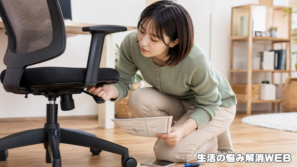 オフィスチェアの座面下にある昇降レバー周辺を取扱説明書を見ながら確認する女性