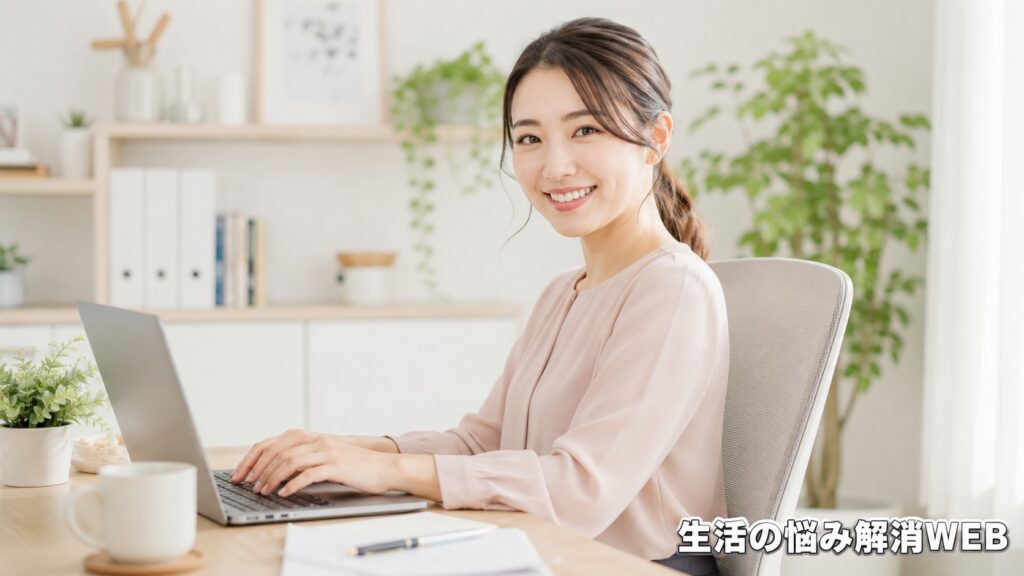 高さの不具合が解消したオフィスチェアに座り、快適にパソコン作業をする笑顔の女性