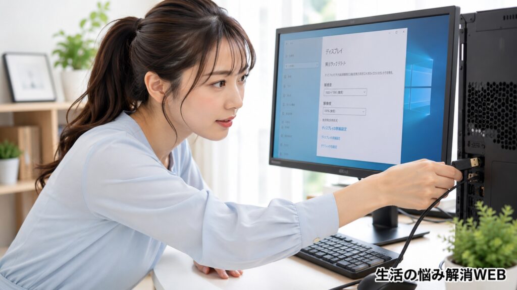 パソコンの配線を確認しながら、モニター設定画面を見て接続を点検している女性