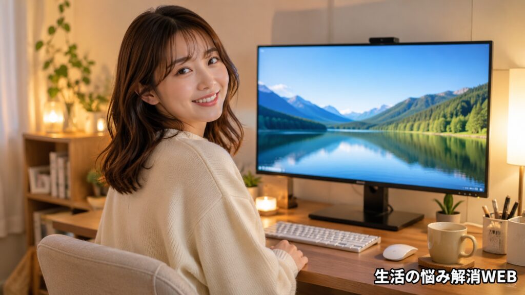 線の不具合が改善したモニターを前に、安心した表情で振り向く女性