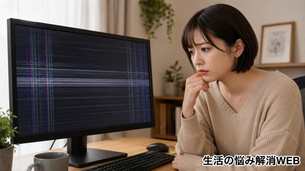 線が入ったパソコンモニターを見つめながら、原因を考えて困っている女性