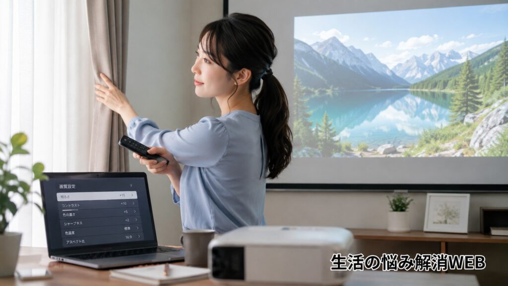 カーテンを調整しながら、プロジェクターの明るさ設定を確認している女性