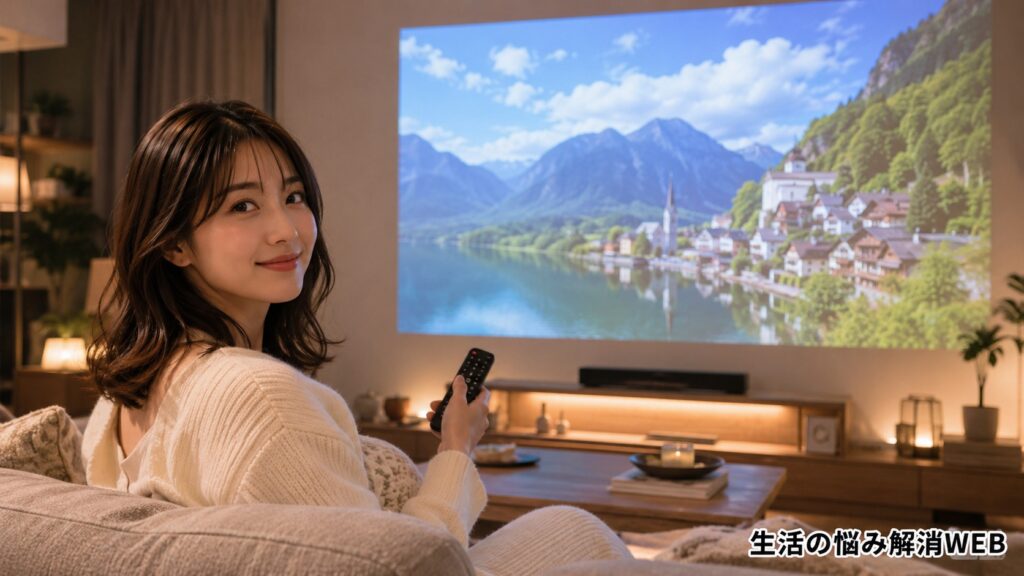 明るさが改善されたプロジェクター映像を楽しみ、リビングでくつろぐ女性