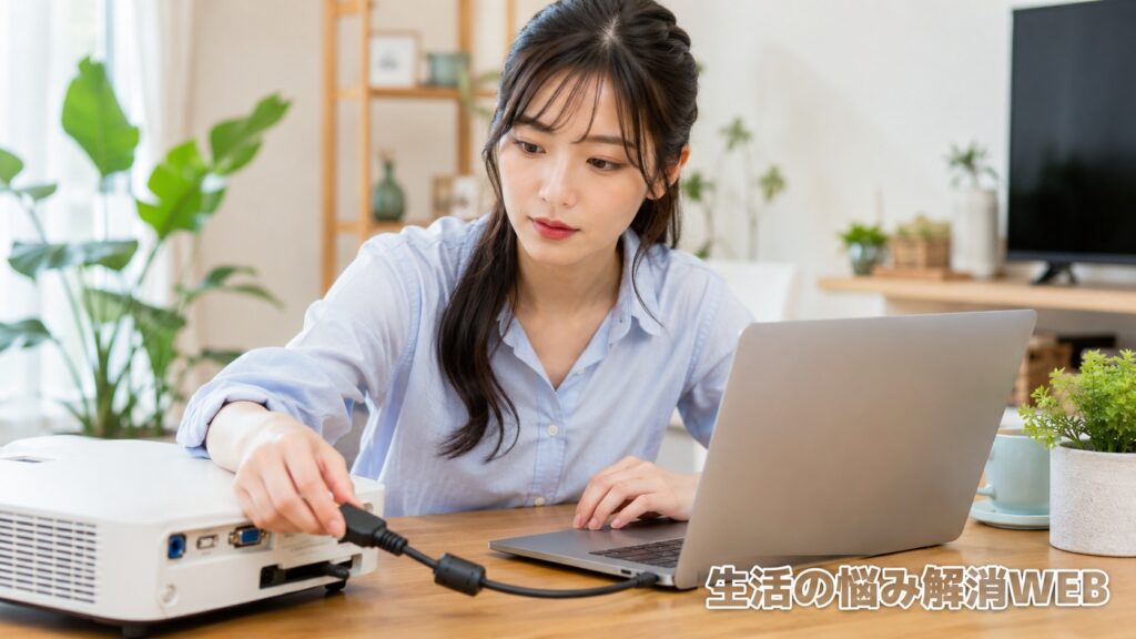 ノートパソコンとプロジェクターをつなぎ、HDMIケーブルの接続を確認している女性